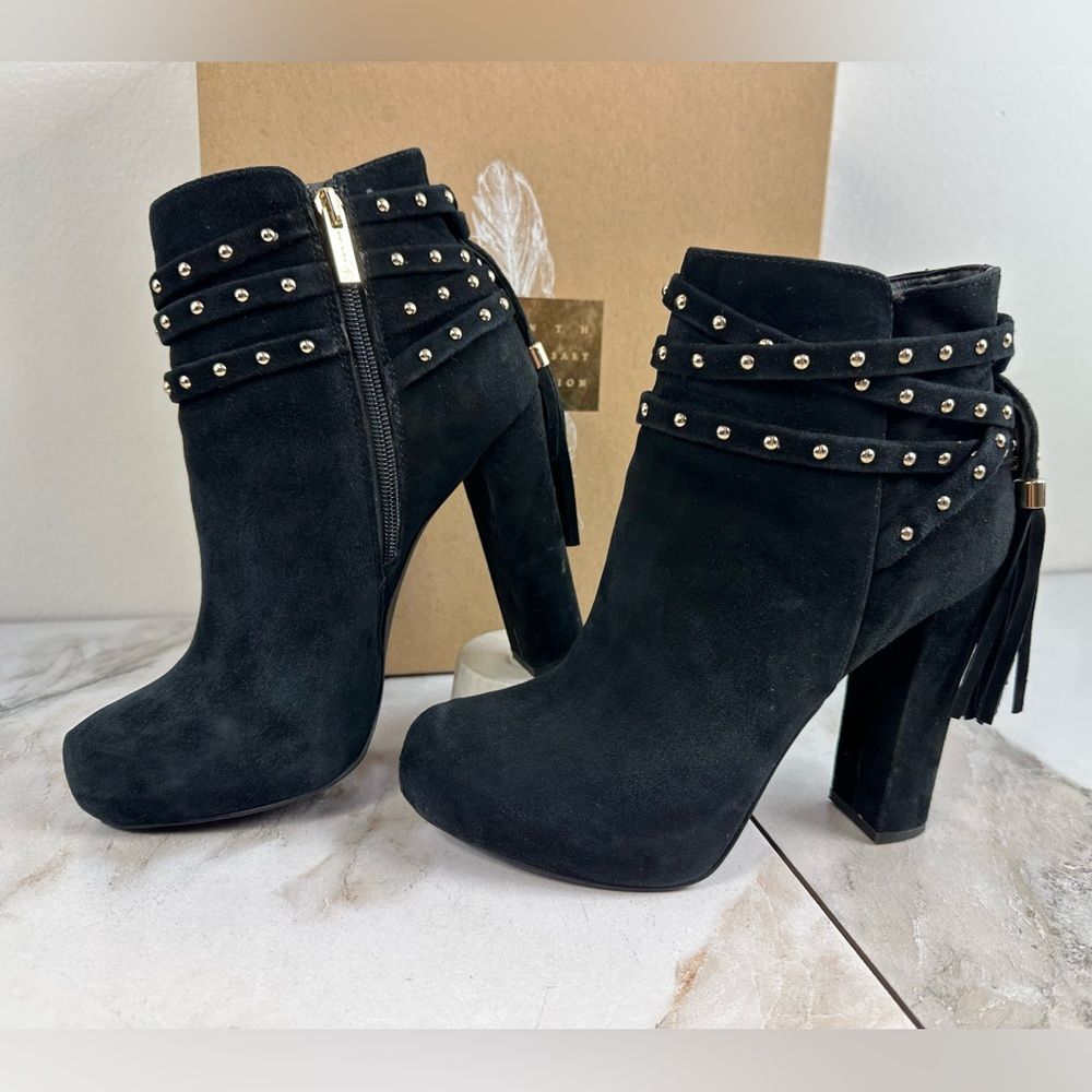 Jessica Simpson Marguerit Black Lux Kid Suede Studded Ankle Boots Booties, 7
